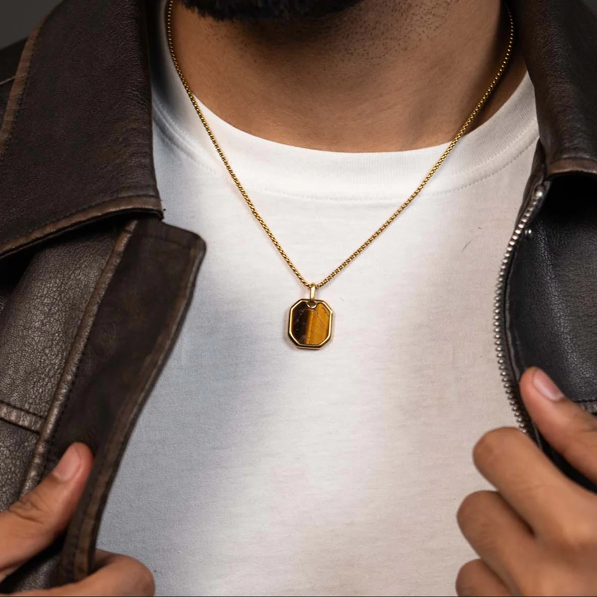 Courageous Tiger Eye Natural Stone Square Necklace - Image 2