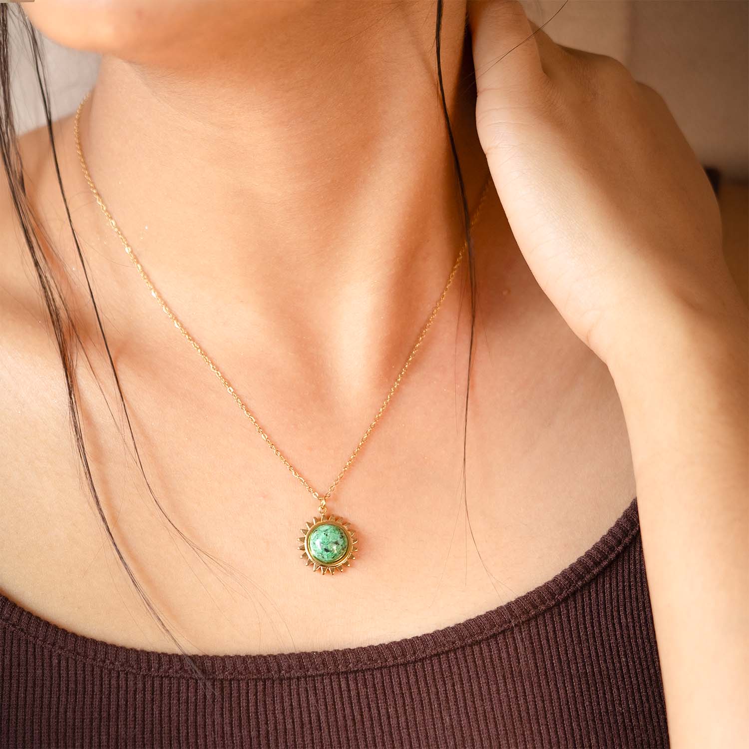 Dahlia Seafoam Gold Charm Necklace With Emerald Stone - Image 2