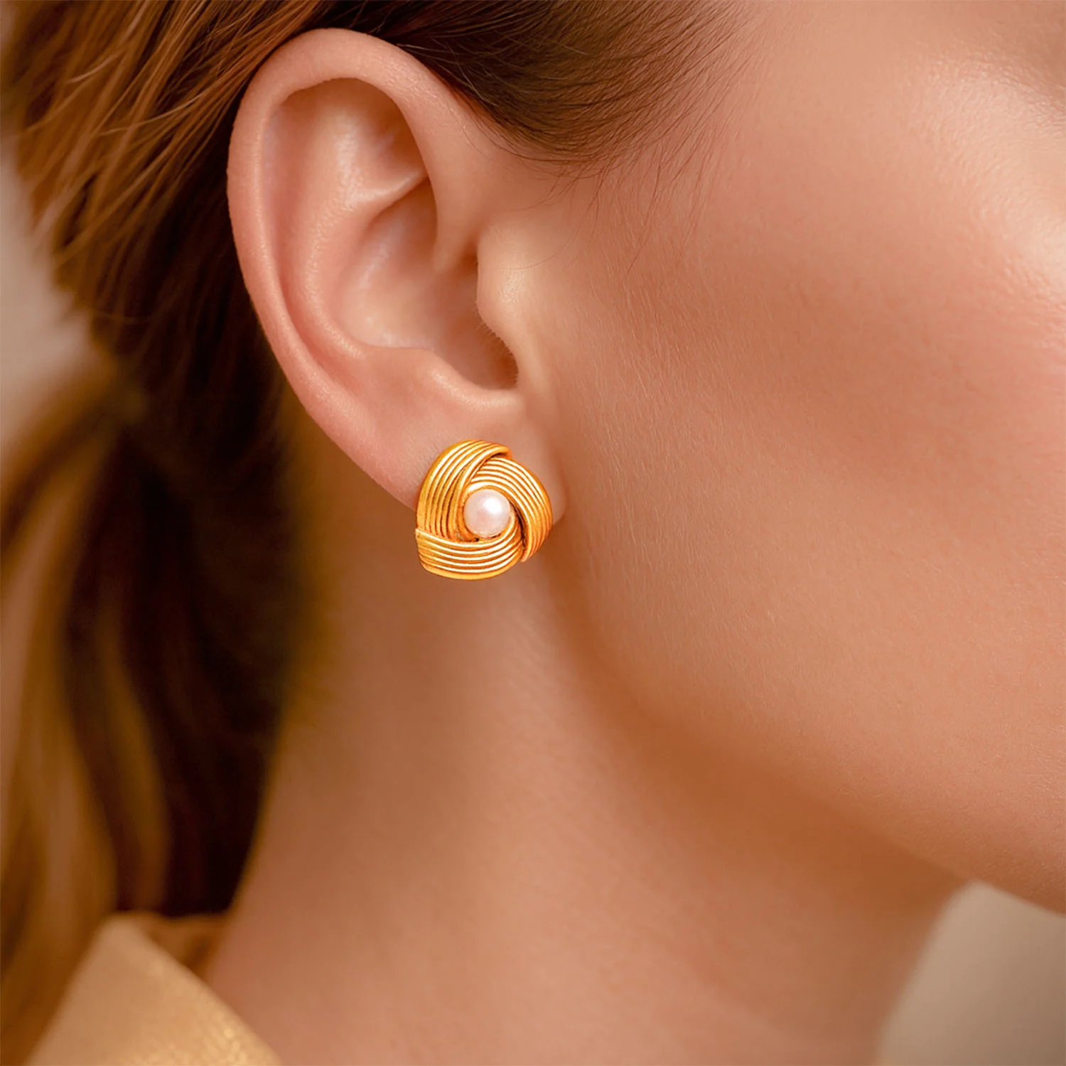 Juliette Pearl Knot 18K Gold Stud Earrings - Image 2