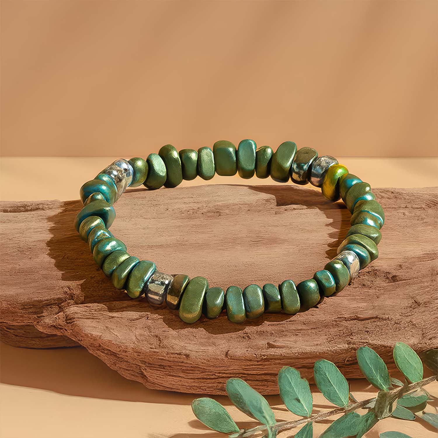 Ocean Green Hematite Stack Natural Stone Bracelet