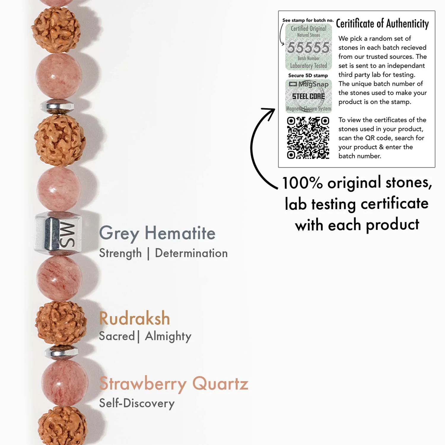 Personalised Serenity Strawberry Quartz & Stealth Gloss Onyx Natural Stone Couple Bracelets with Magsnap 2 - Image 4