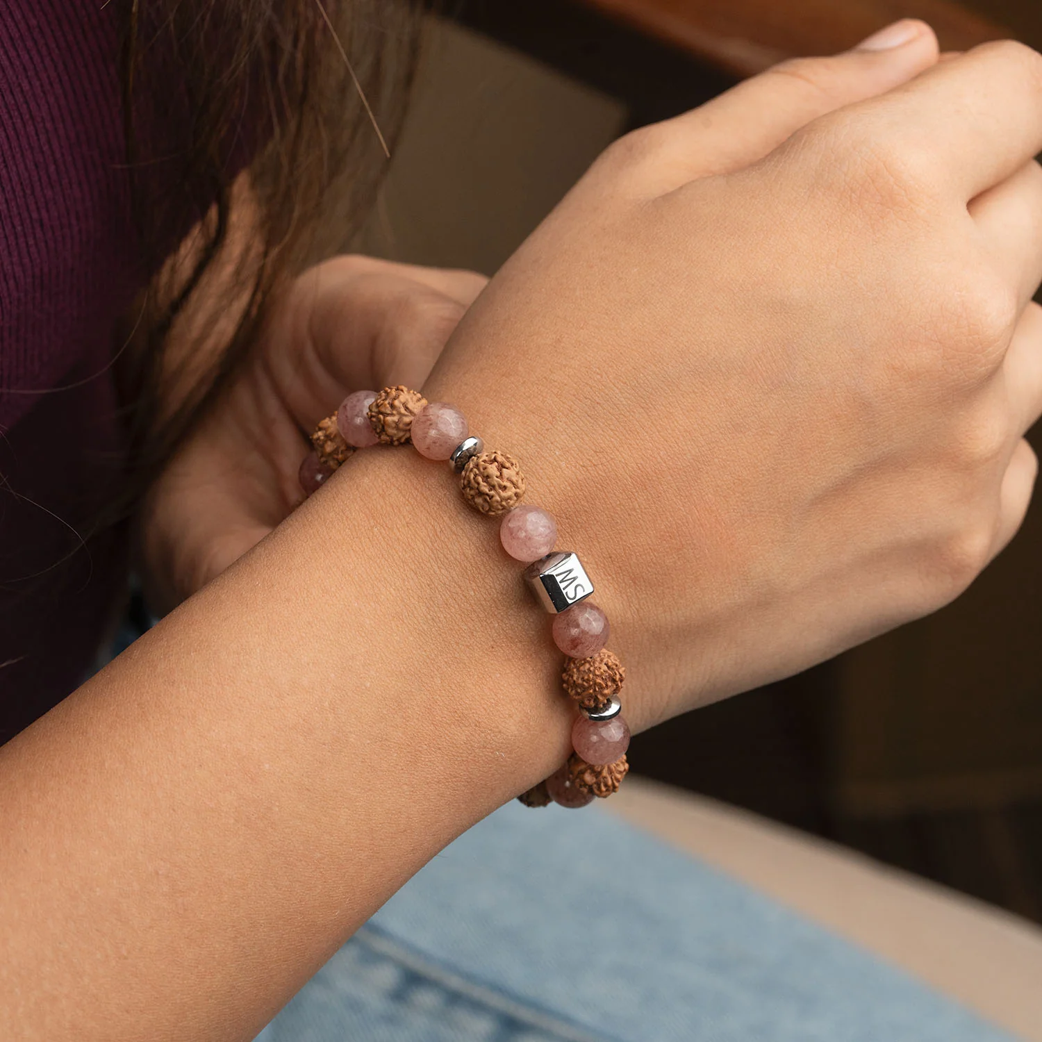 Personalised Serenity Strawberry Quartz & Rudraksh Natural Stone Bracelet - Image 2