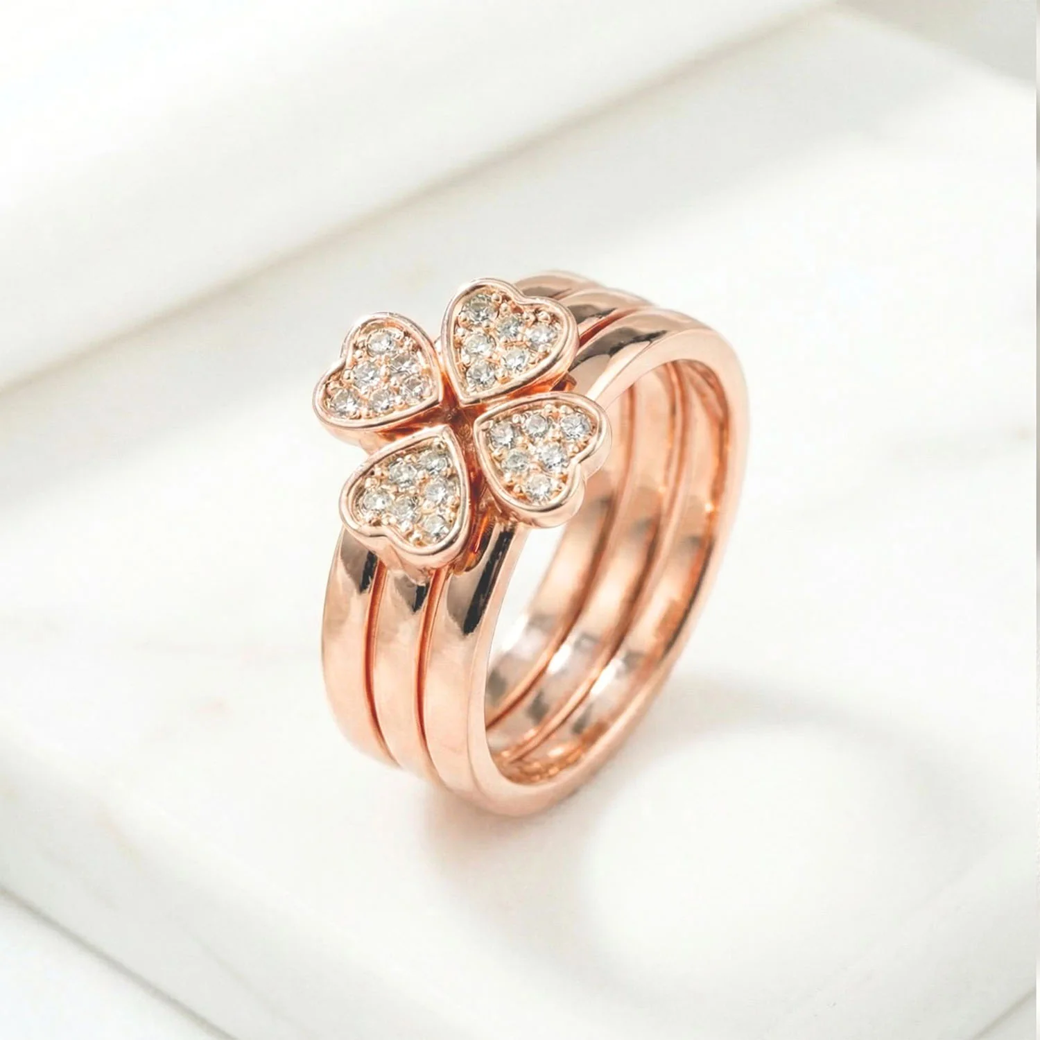 Rose Gold Clover Heart Rings (Pack Of 3)
