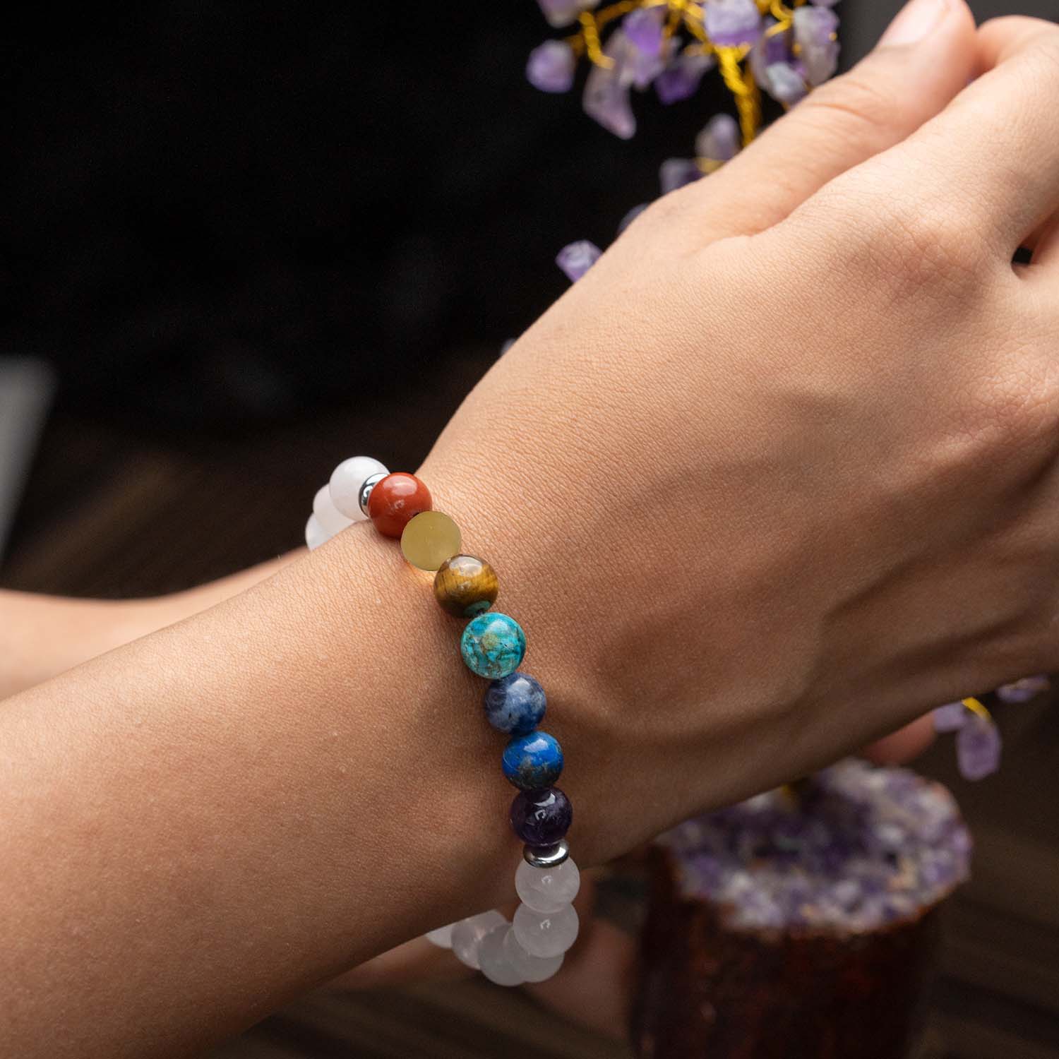 Solace Rose Quartz 7 Chakras Natural Stone Bracelet - Image 3