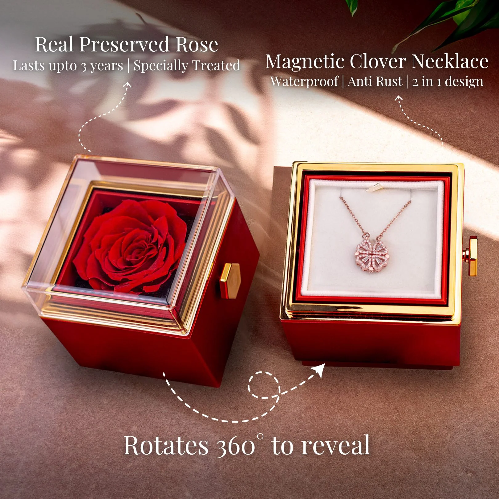 Valentine's Rotating Rose Preserved Rose Jewellery Box With Necklaces