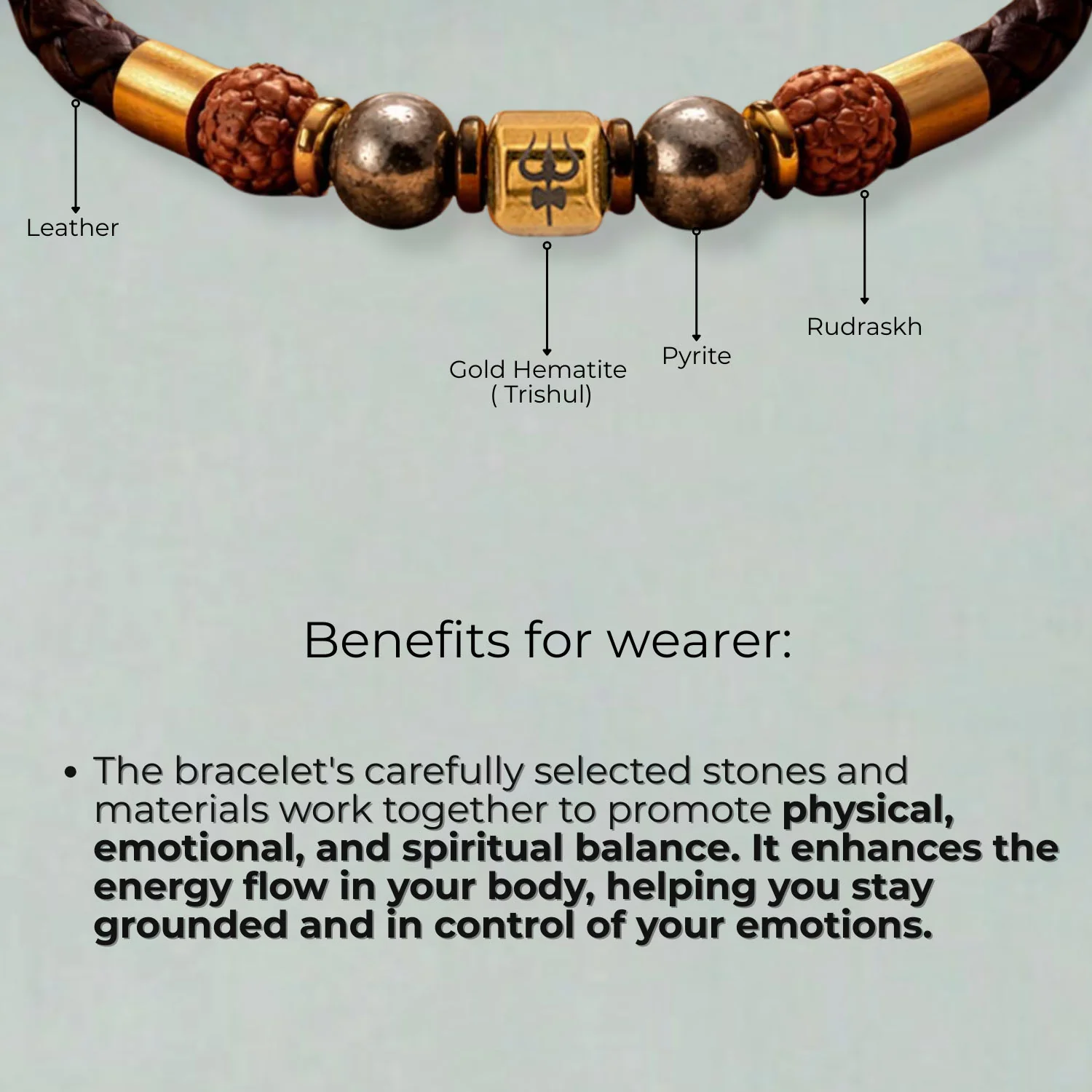 Rudraksh Pyrite Trishul Natural Stone NeoLeather Bracelet With MagSnap2 - Image 2