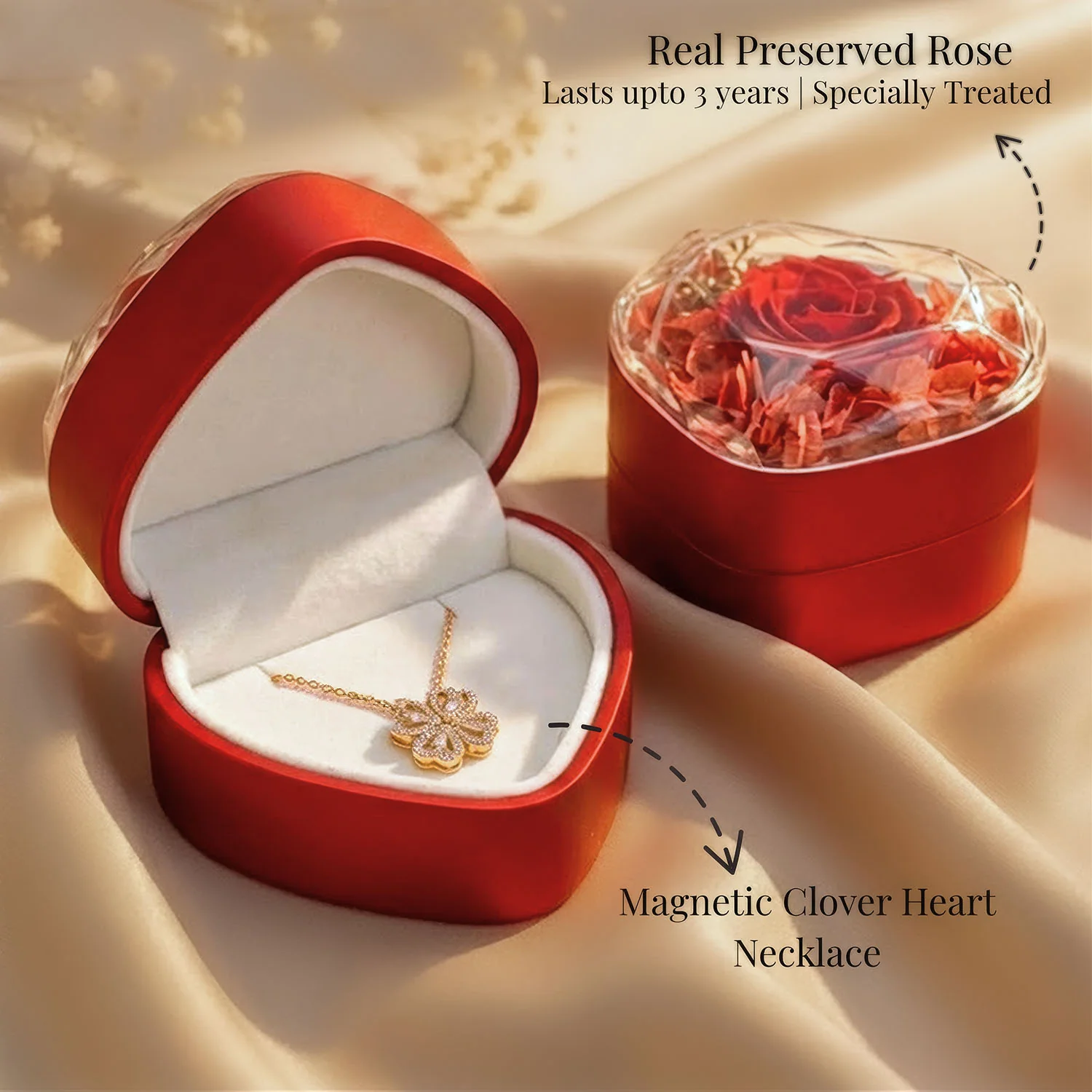 Valentine's Heart Shaped Preserved Rose Jewellery Box With Necklaces