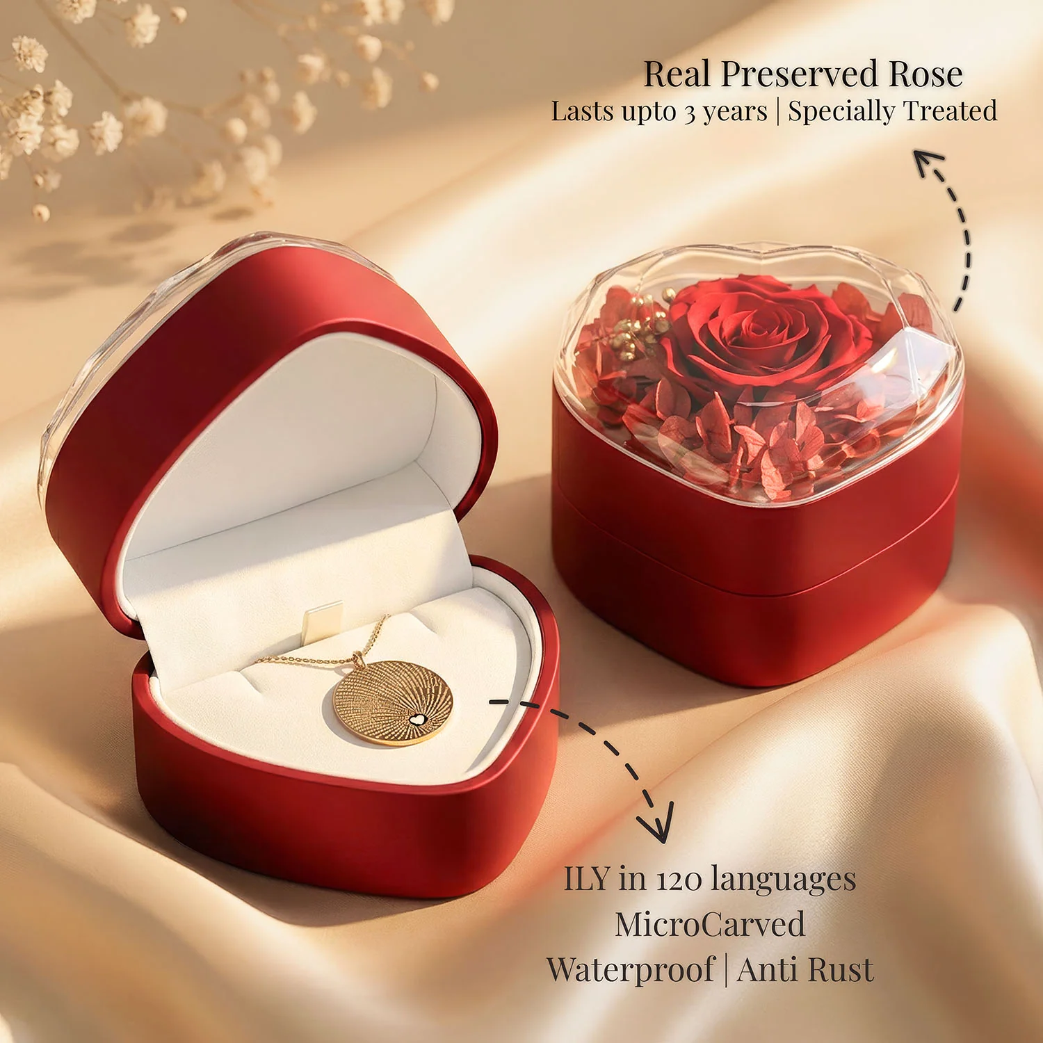 Valentine's Heart Shaped Preserved Rose Jewellery Box With Necklaces - Image 21