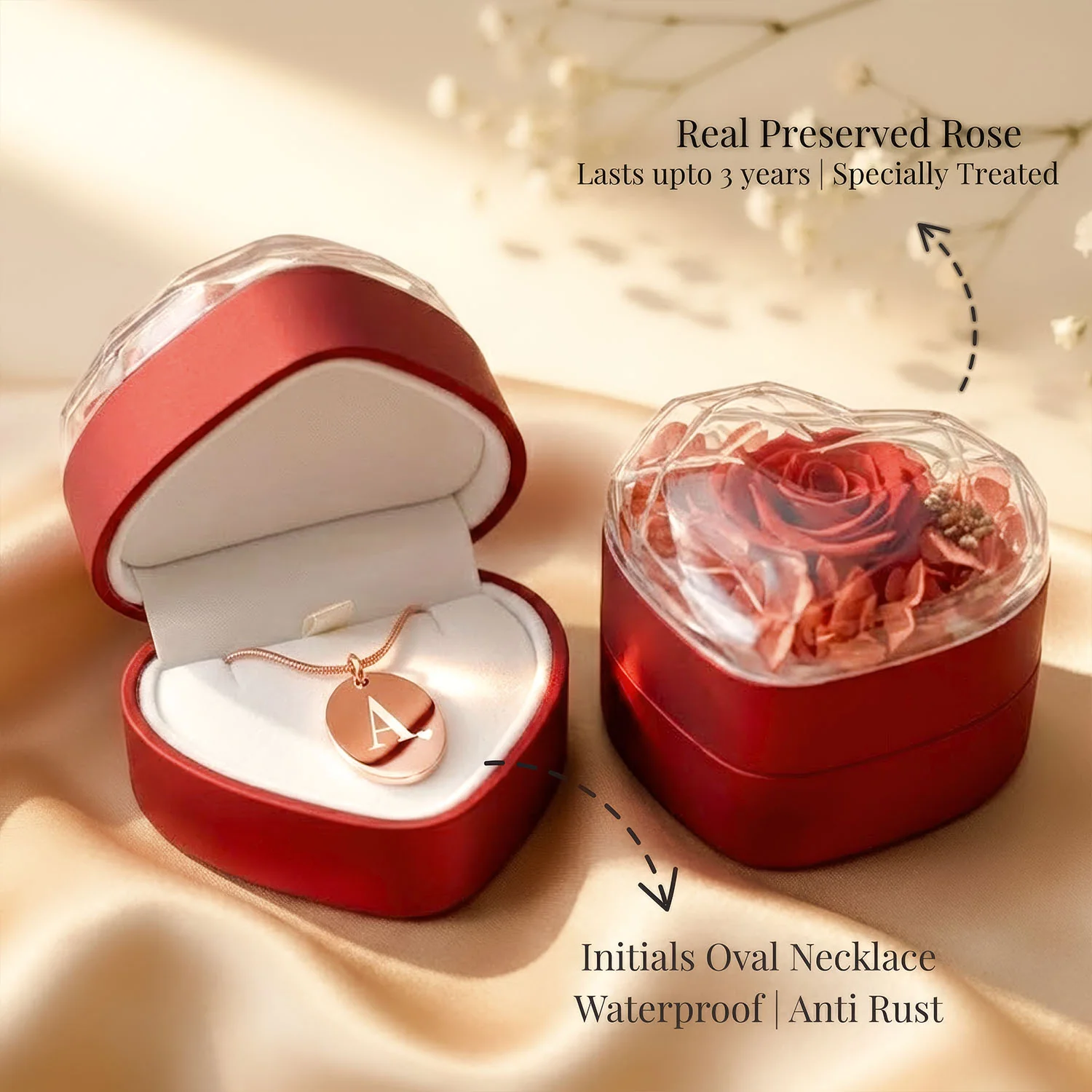 Valentine's Heart Shaped Preserved Rose Jewellery Box With Necklaces - Image 53