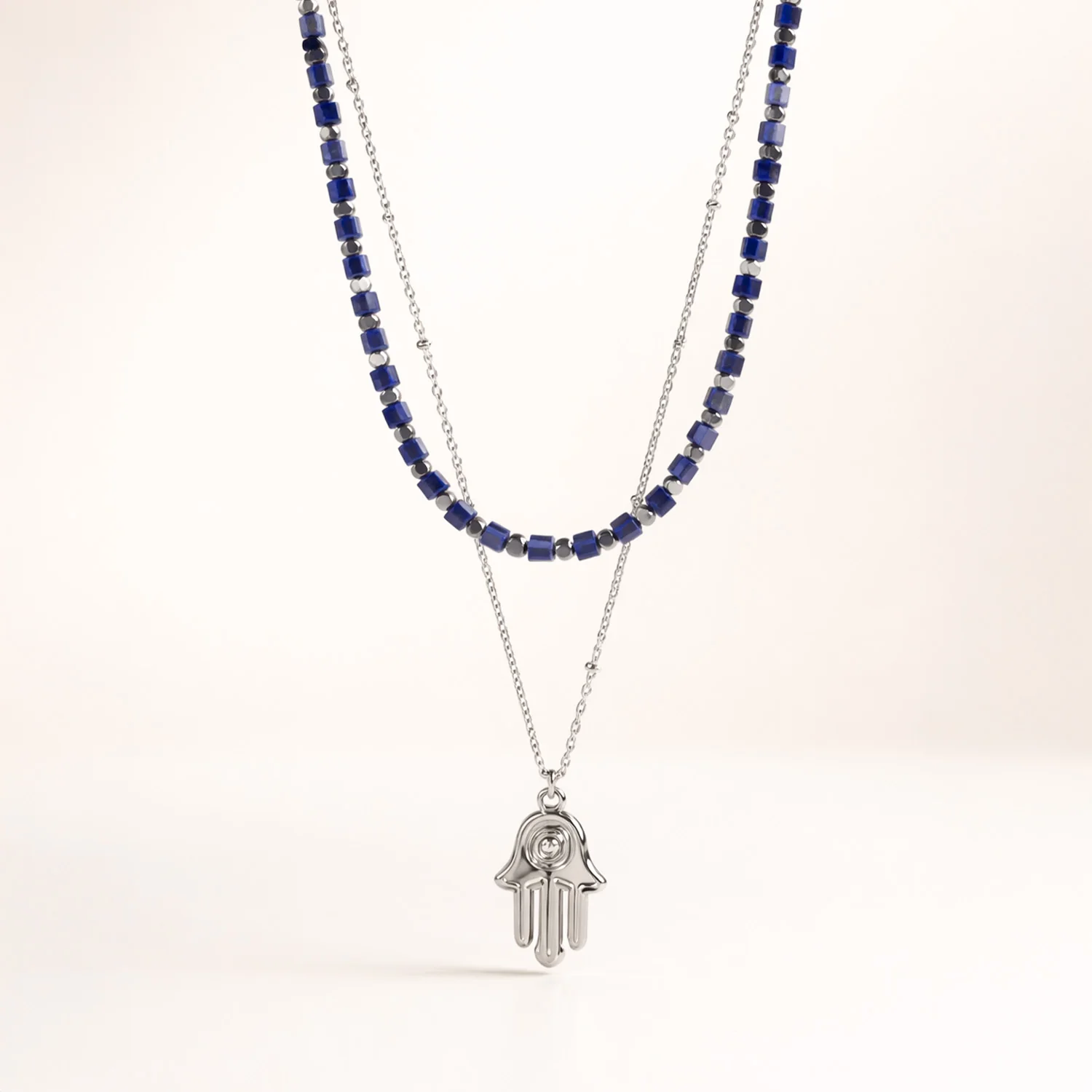 Zaria Layered Silver Necklace with Lapis Lazuli Beads